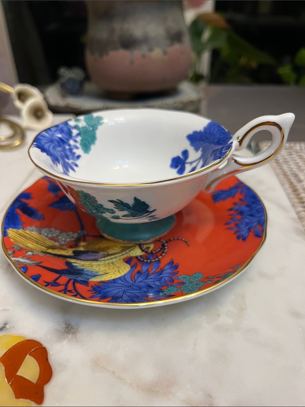 Wedgwood Teacup and Saucer Set in Red, Blue & Gold